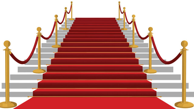Prestigious red carpet laid out on wide steps with gold stanchions and velvet ropes leading to a grand event venue.