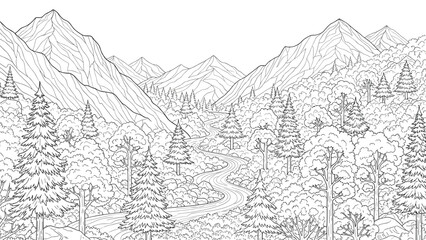 Fototapeta premium Scenic landscape line art coloring page featuring a winding road through a dense forest with majestic peaks.
