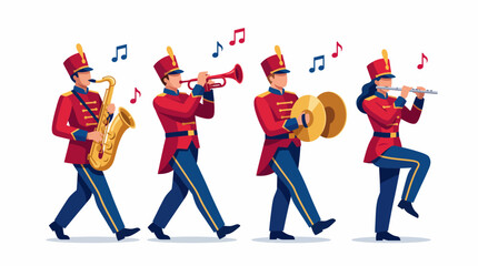 A vibrant marching band parade featuring musicians with various instruments, in striking uniforms and an energetic performance that adds excitement to any festive event or celebration. © Xiaoliang