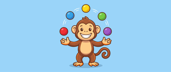 A playful monkey character joyfully juggle colorful balls, radiating fun and excitement, set against a bright blue background that enhances its vibrant personality. © Xiaoliang