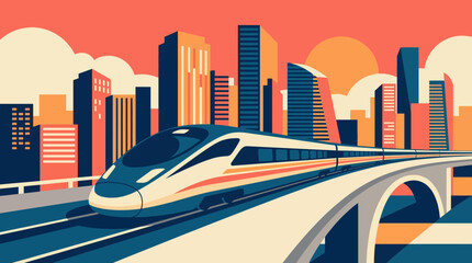 This vibrant illustration shows a sleek high-speed train traveling over a bridge in a lively cityscape, showcasing modern architecture and dynamic sunset colors. © Xiaoliang