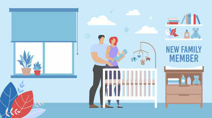 A loving couple stands beside a crib, joyfully welcoming their new family member into the world, encapsulating the emotions of new beginnings and parenthood in a bright setting. © Xiaoliang