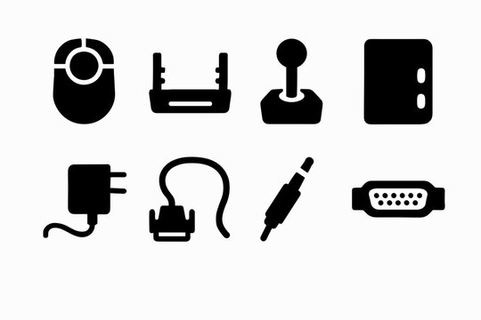 Retro Computing Icons. Retro computing peripherals. Filled icon set of retro computing peripherals: trackball