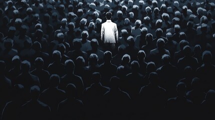 Obraz premium Colorful silhouette pf person standing in monochrome crowd of different people,surreal unique and different concept,loneliness in society,shadow,freedom,Love,be yourself,Stand out from the crowd.