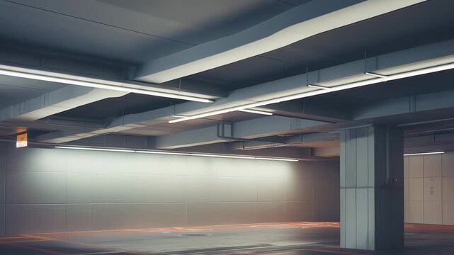 Modern empty subterranean parking structure featuring exposed concrete walls, ceiling pipes, and fluorescent lighting creating an atmospheric and industrial underground space