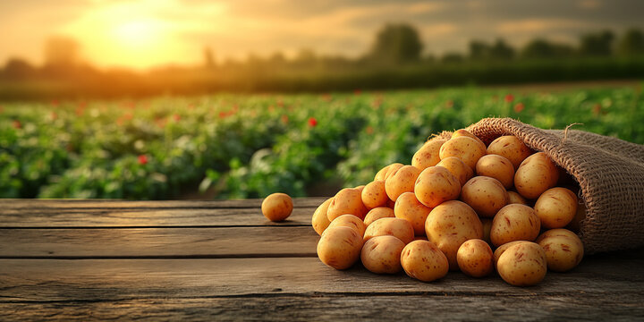Fresh organic potatoes stacked on rustic wooden table with farm garden background under warm golden sunrise light, perfect for food advertising, organic product packaging