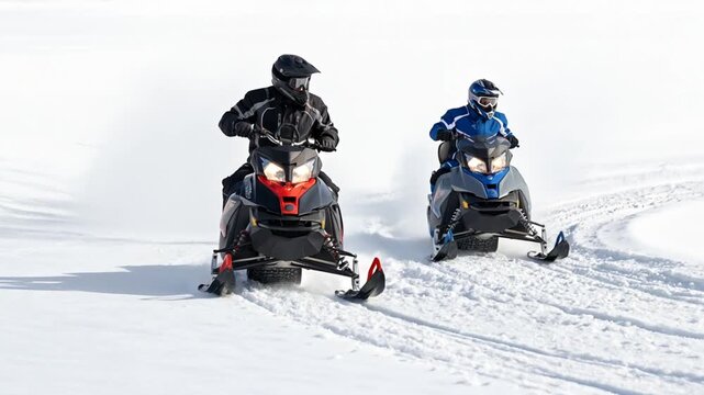 two snowmobiles driving in total white snow background video