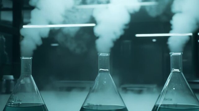 Three chemical flasks containing a blue liquid are reacting and producing smoke on a counter in a dimly lit laboratory, symbolizing scientific research, discovery, and complex processes