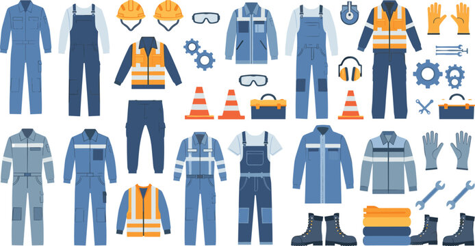Professional construction safety wear collection with reflective vests industrial overalls hard hats work boots and ppe equipment isolated on white background vector