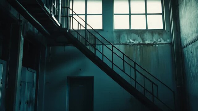 Abandoned industrial warehouse interior with rusted metal staircase, frosted windows casting muted light over dirty textured walls, dark locker rooms and quiet decay