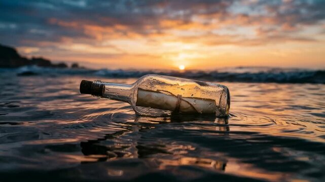 intage glass bottle with rolling letter floating at coast sunset video