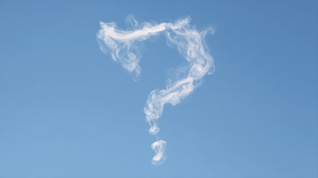 Abstract white smoke trails shaping a question mark in open blue air, conveying uncertainty and conceptual thinking. designed for wellbeing education, coaching content, and idea-driven graphics.