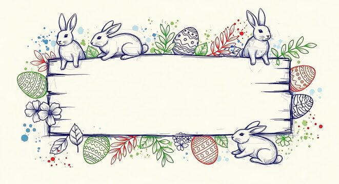 An Easter-themed illustration featuring bunnies and eggs in a colorful floral arrangement with a blank space for text or design
