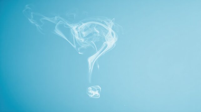A single white smoke question mark drifting in clear blue air, forming a minimalist symbol of curiosity and uncertainty. designed for wellbeing guides, mindfulness content