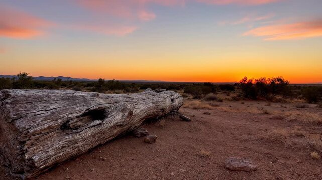 A serene desert landscape at sunset with a fallen log and warm hues.