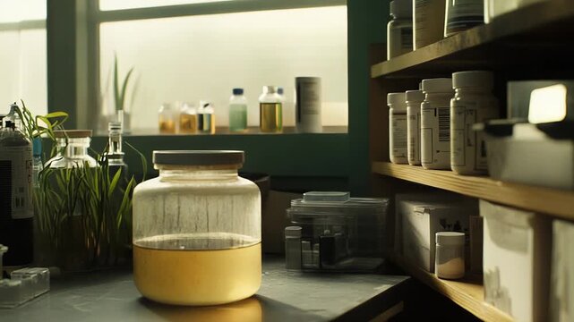 Scientific workspace featuring a glass jar with a yellow liquid, surrounded by other samples, bottles, and laboratory supplies on shelves, suggesting ongoing research and development processes