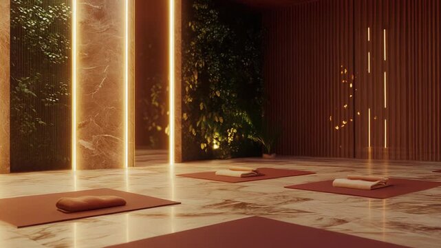 Serene wellness studio with glowing linear lights, lush vertical gardens and clean meditation mats creating a minimalist, biophilic sanctuary for yoga, mindfulness and calm