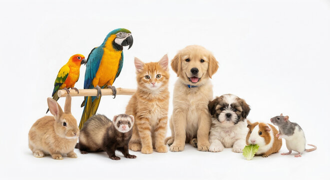 Group of various domestic pets including puppies kitten parrots rabbit ferret and rodents on white background