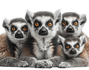 Fototapeta premium Four ring-tailed lemurs posing for a family portrait, looking into the camera on a white background.