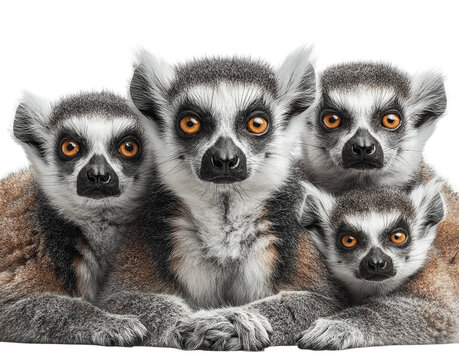 Four ring-tailed lemurs posing for a family portrait, looking into the camera on a white background.
