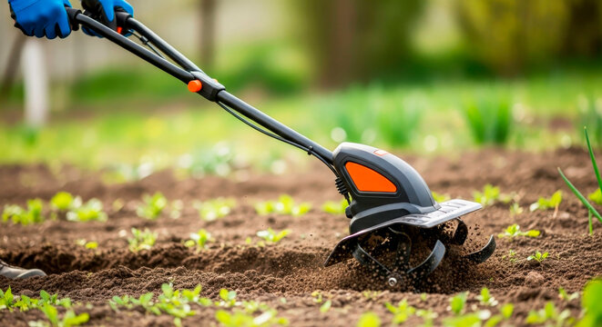 A farmer uses an automatic cultivator with a long handle to cultivate the soil during spring vegetable planting.	