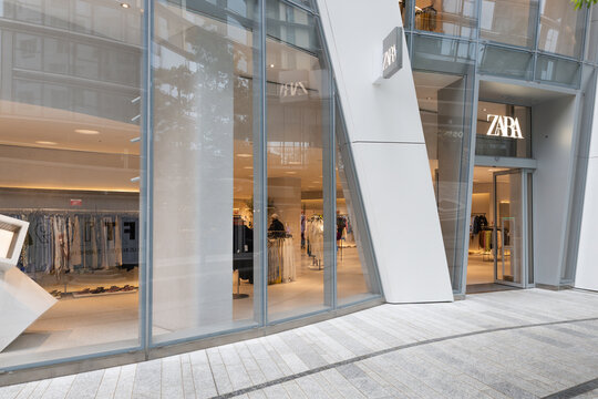 Entrance to a modern Zara fashion retail store in the city. London, UK, 4 July 2023