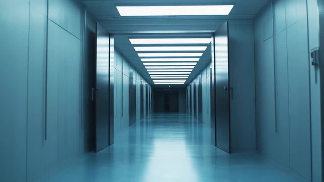 Modern cleanroom corridor featuring brightly lit ceilings, smooth walls, and a closed metal door, conveying concepts of sterility, technology, and controlled environments