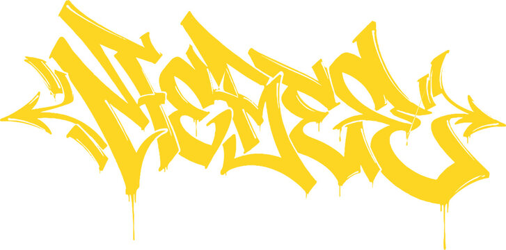 Yellow graffiti lettering with dripping paint effect, showcasing bold urban street art and stylized typography, spray paint