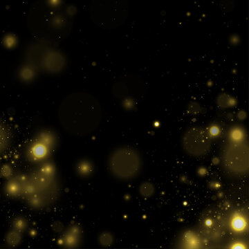 Yellow dust shimmers in dark night light, sparkle, glitter, shimmer glowing bokeh. Twinkle particle, stardust highlights flare. Festive magical sparks with glare, lens flare, vector illustration.