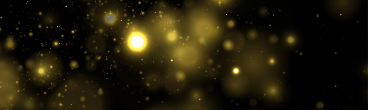 Yellow dust shimmers in dark night light, sparkle, glitter, shimmer glowing bokeh. Twinkle particle, stardust highlights flare. Festive magical sparks with glare, lens flare, vector illustration.