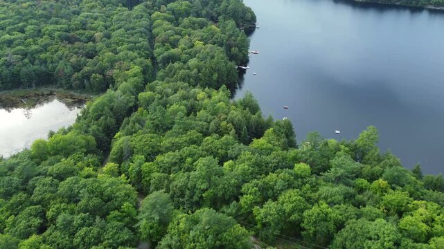 Aerial over Buckskin Lake on a summer afternoon. Lakeside cottages against expansive crown land wilderness in Tory Hill, Halliburton Highlands East, in southern Ontario, Canada.