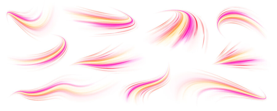 Neon laser speed lines swirl along city road, highway trail. Violet light wave builds motion energy traffic, futuristic glowing orange, purple tail on white background. Vector illustration png.