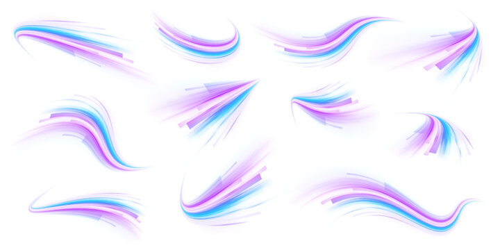 Neon laser purple and violet lines swirl through city road, highway trail. Light motion wave futuristic energy speed traffic, glowing blue tail on white background. Vector illustration png.