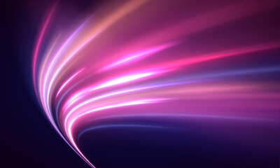 Fototapeta premium Neon laser motion lines swirl along city road and highway traffic at night. Blue light forms speed and flow, while violet wave energy and purple glow create a futuristic trail. Vector illustration.