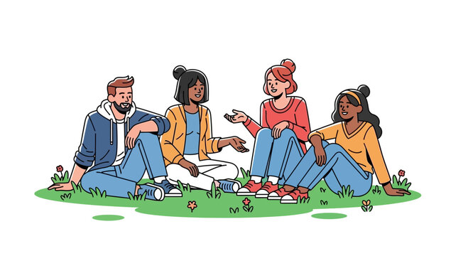 Diverse group of young friends sitting on grass, talking and laughing, enjoying outdoor conversation.
