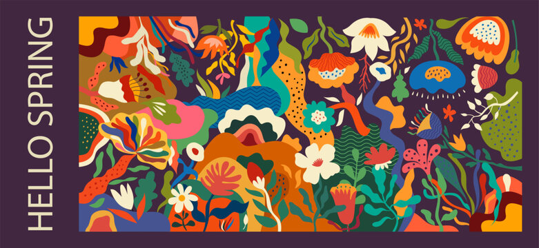Flower background. Hello Spring design. Art print with flowers