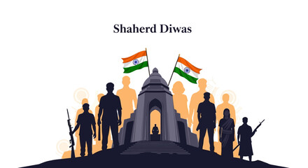 Illustration of silhouetted Indian freedom fighters with flags on Shaheed Diwas, a patriotic tribute to martyrs on National Martyrs Day in India. © Partini