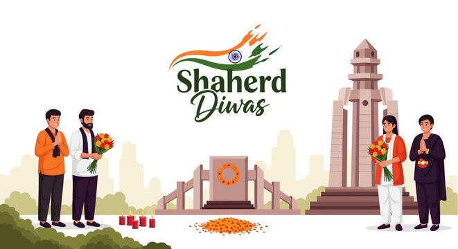 Illustration of people paying tribute to martyrs on Shaheed Diwas with flowers and a monument in the background, conveying a patriotic and solemn mood.