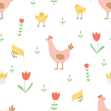  seamless pattern with chickens, chiks and flowers. Vector illustration