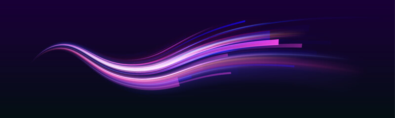 Violet light wave, tail energy speed, while blue glow, purple trail create swirl motion. Futuristic neon laser motion line city highway, road traffic in dark atmosphere. Vector illustration. © Mirotvoric