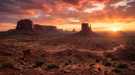 Obraz premium Dramatic desert landscape featuring towering sandstone buttes against a vibrant orange and red sunset sky over rugged terrain.