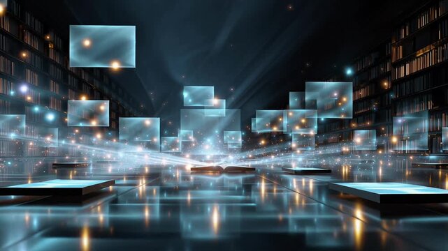 bookshelves in library, modern library with digital catalog