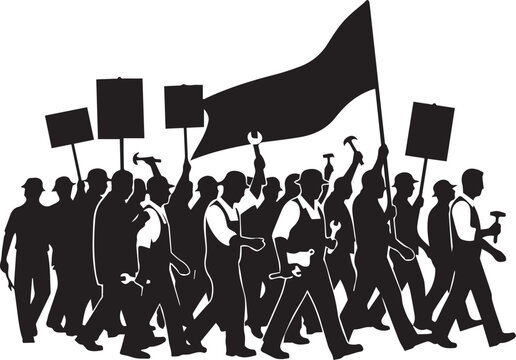 Vector silhouette illustration of protesting workers with flags and signs marching