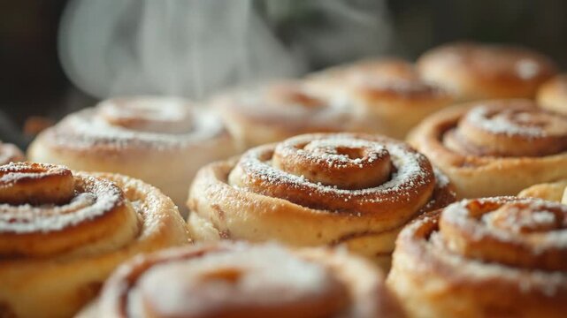 Freshly baked cinnamon rolls with sugar dusting and steam rising.