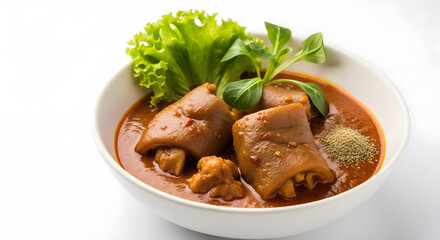 Fototapeta premium Spicy Paya Curry Dish with Fresh Salad Topping Closeup