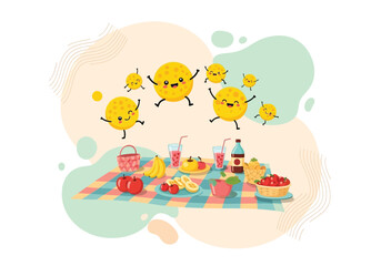 Naklejka premium Smiling suns dance above a colorful outdoor picnic spread on a blanket