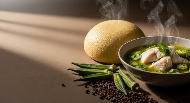 Authentic Northern Ghanaian Tuo Zaafi with Okra Soup and Fish - Offset Layout with Earth-Toned Copyspace for Body Copy