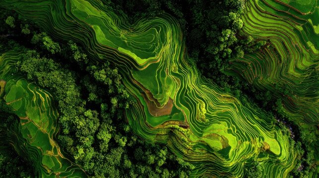 Aerial View of Lush Green Rice Terraces Surrounded by Dense Forests, Capturing the Intricate Patterns of Nature's Landscape in a Vibrant Setting