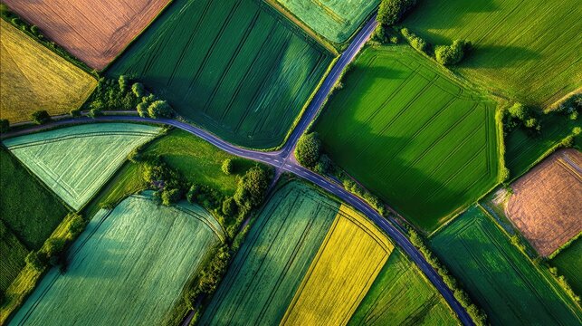Aerial View of Vibrant Agricultural Fields with Geometric Patterns of Green, Yellow, and Brown Crops under a Bright Sky in Rural Landscape