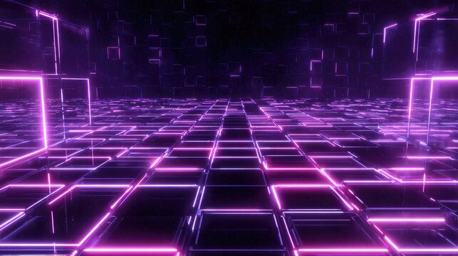 Futuristic neon grid of glowing squares offering a mesmerizing digital landscape with vibrant light reflections and a captivating atmosphere for technology-themed backgrounds and designs.